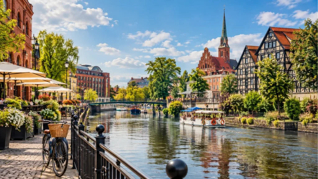 Promenada nad jeziorem z zabytkowymi budynkami w tle i statkiem wycieczkowym przy brzegu, pomysł na weekendowy spacer nad wodą