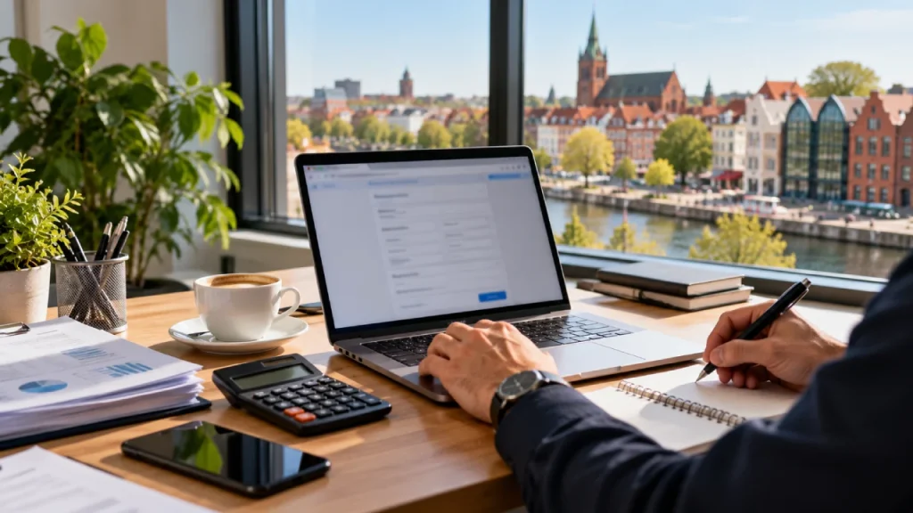 Mieszkaniec Ełku wypełnia na laptopie wniosek rejestracyjny firmy i planuje budżet nowej działalności gospodarczej w powiecie ełckim.