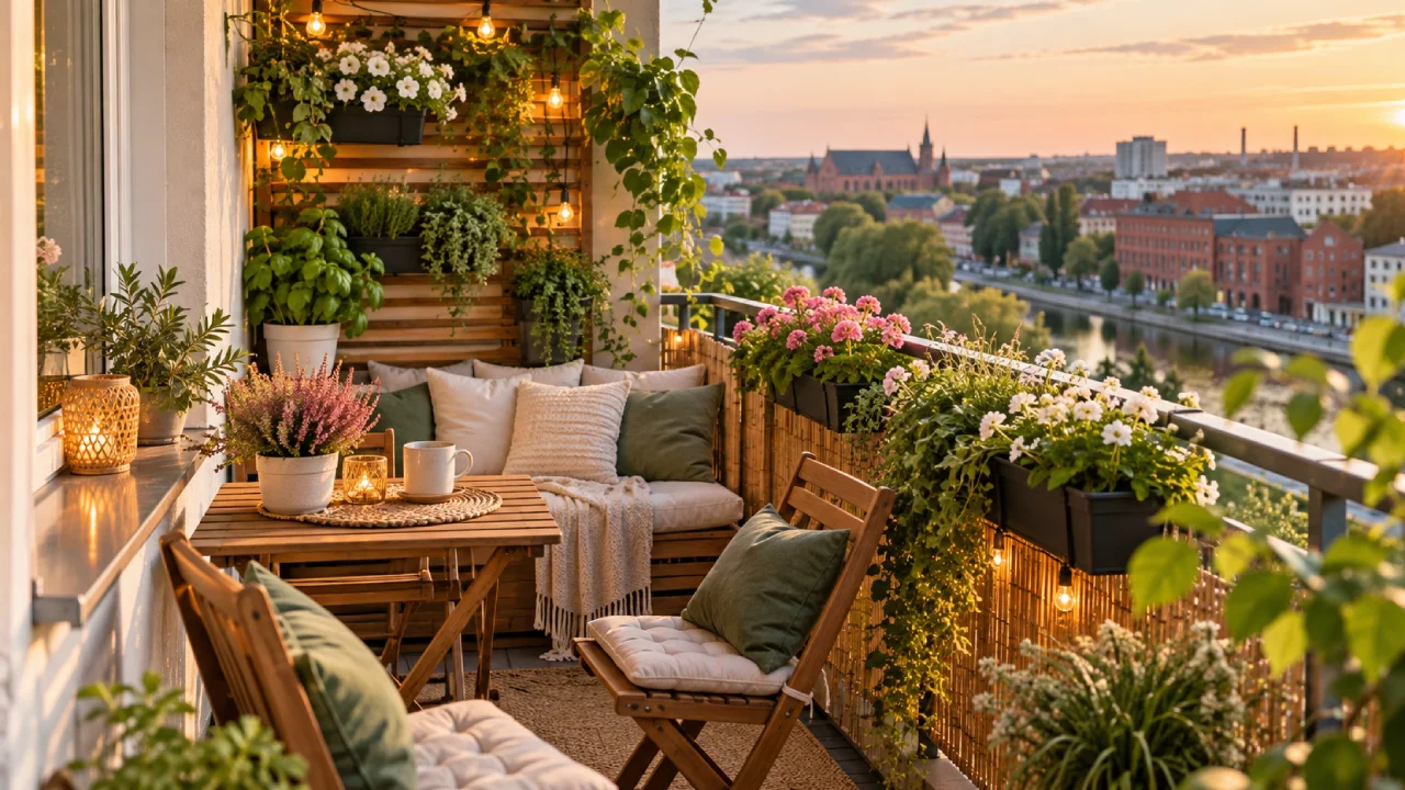 Przytulny balkon w bloku w Ełku z drewnianymi meblami, kwiatami w donicach, zielonymi roślinami i ciepłym oświetleniem