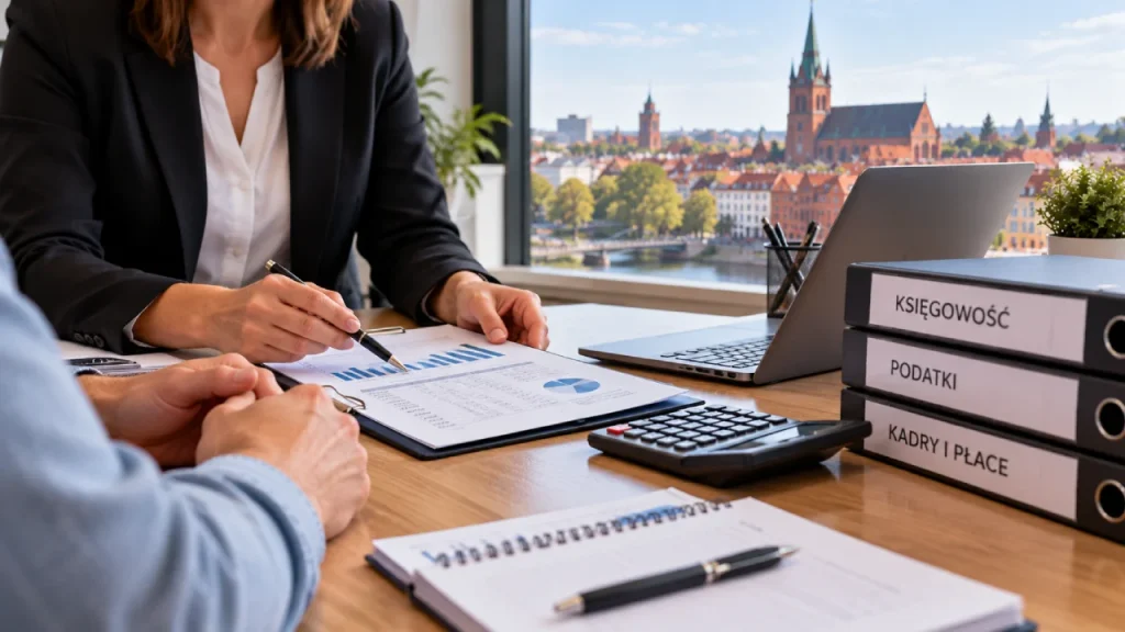 Księgowa z biura rachunkowego w Ełku omawia z właścicielem firmy dokumenty finansowe i miesięczny koszt prowadzenia księgowości.