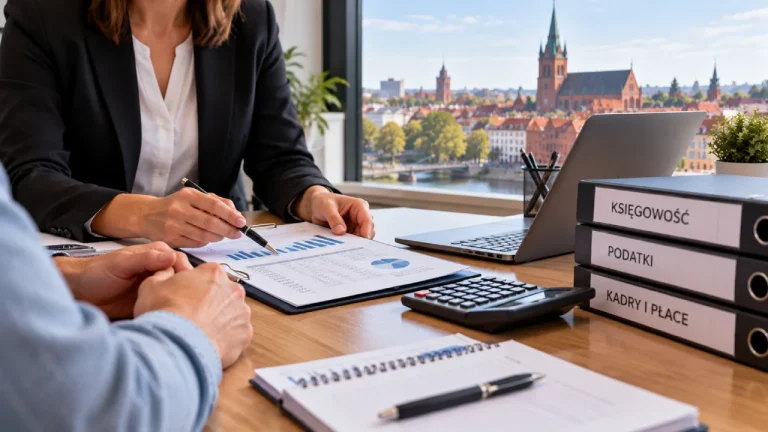 Księgowa z biura rachunkowego w Ełku omawia z właścicielem firmy dokumenty finansowe i miesięczny koszt prowadzenia księgowości.
