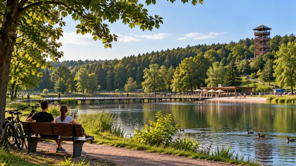 Zielony park z alejkami spacerowymi i stawem, spokojne miejsce na spacer i odpoczynek na świeżym powietrzu