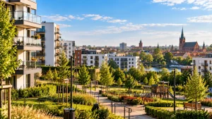 Nowe osiedle z balkonami, zielenią i alejkami spacerowymi jako przykład spokojnego miejsca do zamieszkania w Ełku na Mazurach