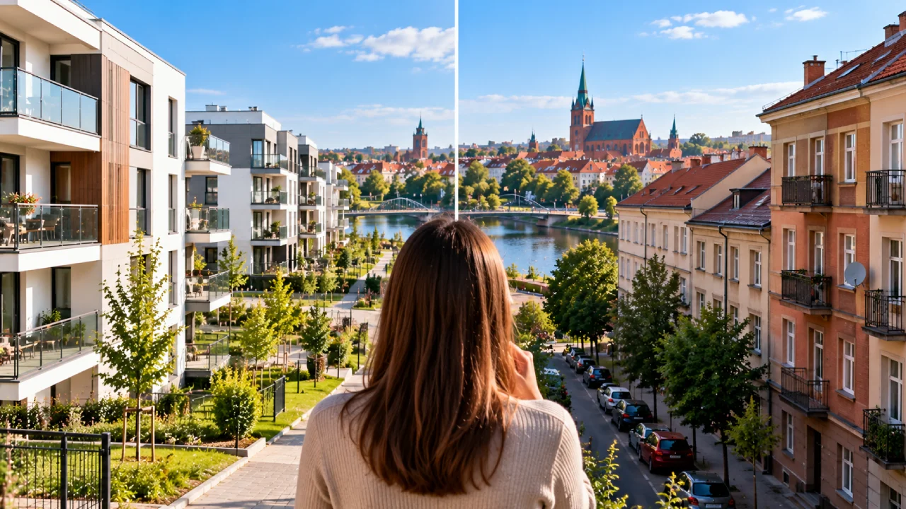 Nowe apartamentowce obok starszych bloków mieszkalnych pokazujące wybór między rynkiem pierwotnym a wtórnym w Ełku