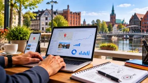 Właściciel firmy z Ełku sprawdza na laptopie wyniki reklamy internetowej i planuje kampanię promującą lokalny biznes na Mazurach.
