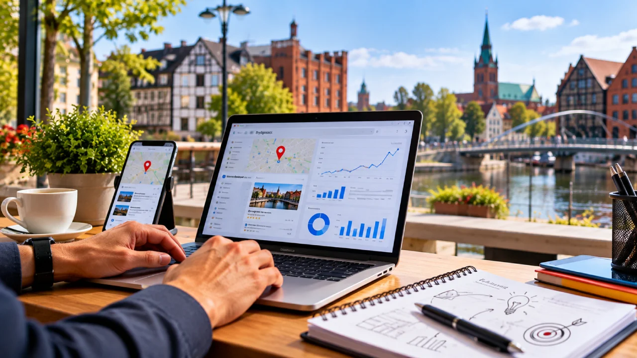 Właściciel firmy z Ełku sprawdza na laptopie wyniki reklamy internetowej i planuje kampanię promującą lokalny biznes na Mazurach.