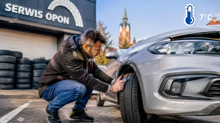 Mechanik w warsztacie w Ełku zmienia koła samochodu osobowego na zimowe przed sezonem jesienno-zimowym