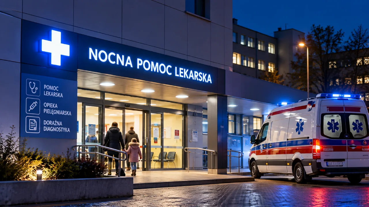 Oświetlone wejście do punktu nocnej i świątecznej pomocy lekarskiej w Ełku z personelem medycznym i pacjentami