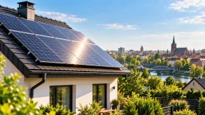 Panele fotowoltaiczne na dachu domu jednorodzinnego w okolicy Ełku produkujące energię elektryczną w słoneczny dzień