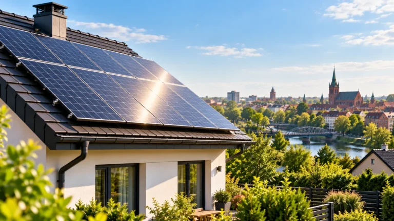 Panele fotowoltaiczne na dachu domu jednorodzinnego w okolicy Ełku produkujące energię elektryczną w słoneczny dzień