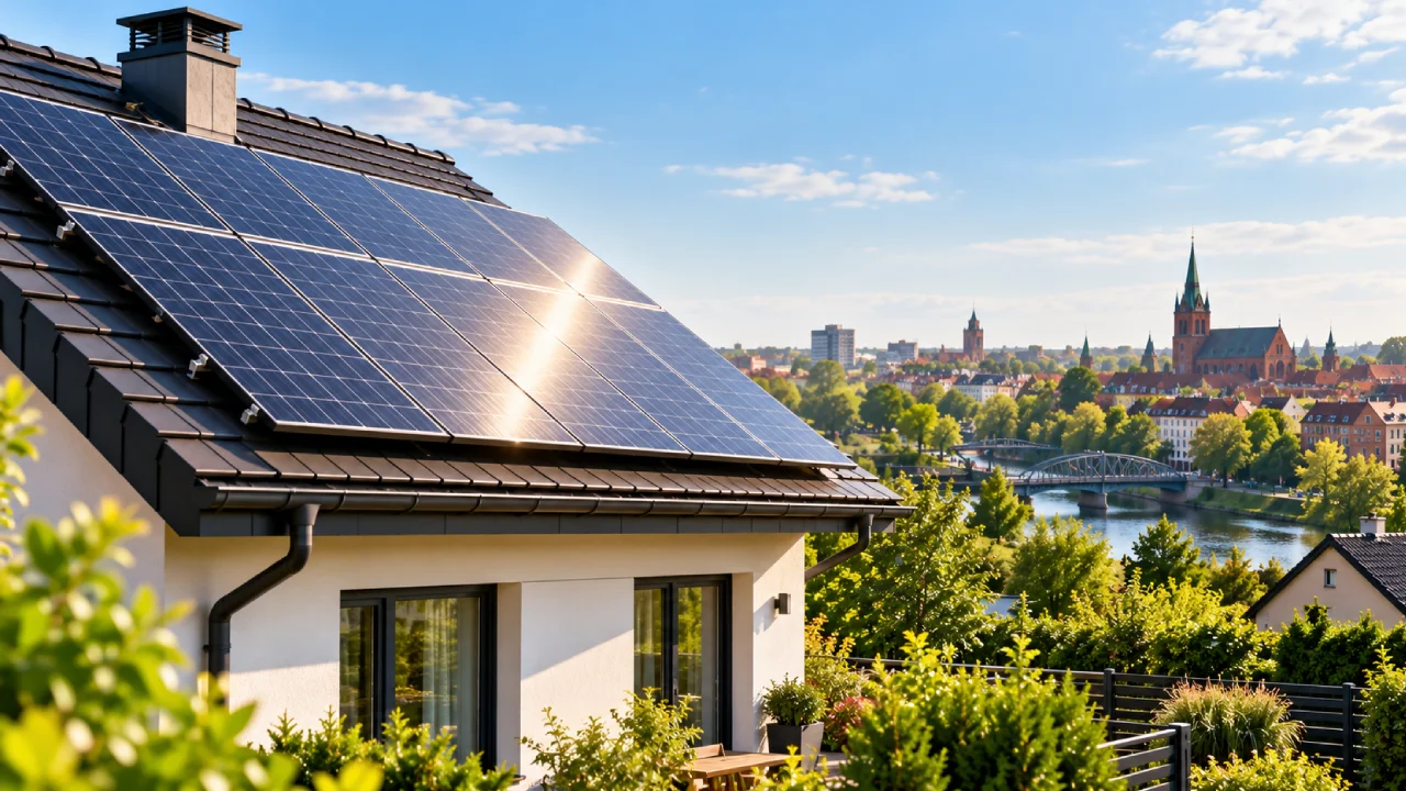 Panele fotowoltaiczne na dachu domu jednorodzinnego w okolicy Ełku produkujące energię elektryczną w słoneczny dzień