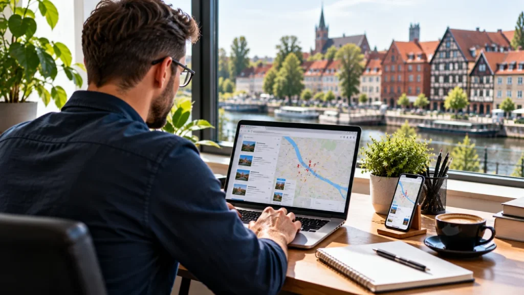 Przedsiębiorca z Ełku uzupełnia na laptopie wizytówkę Google, aby poprawić widoczność swojej lokalnej firmy w wynikach wyszukiwania i na mapie.