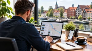 Przedsiębiorca z Ełku uzupełnia na laptopie wizytówkę Google, aby poprawić widoczność swojej lokalnej firmy w wynikach wyszukiwania i na mapie.