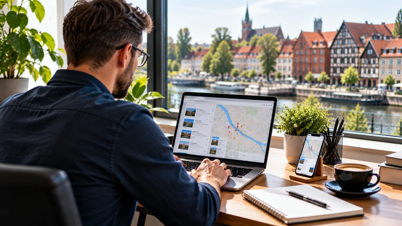 Przedsiębiorca z Ełku uzupełnia na laptopie wizytówkę Google, aby poprawić widoczność swojej lokalnej firmy w wynikach wyszukiwania i na mapie.