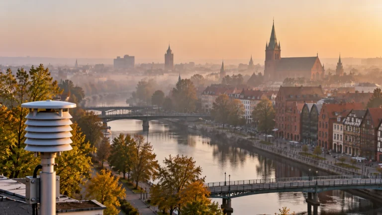 Smog i szara mgła nad zabudową miejską Ełku w mroźny dzień sezonu grzewczego, z ograniczoną widocznością budynków