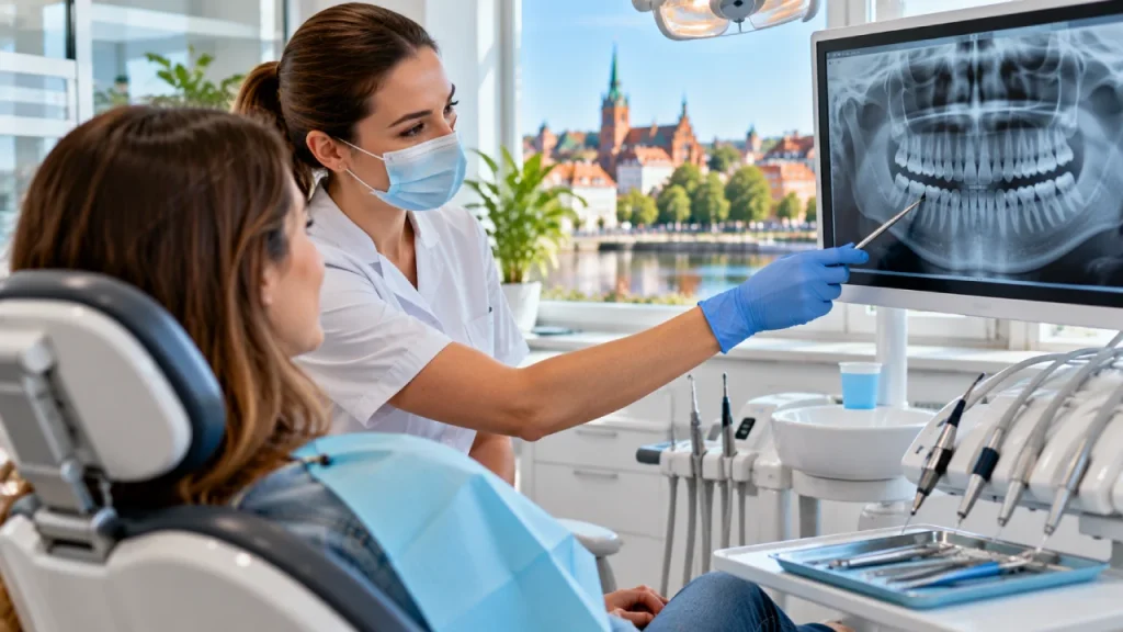 Dentysta w Ełku konsultuje pacjentkę w nowoczesnym gabinecie stomatologicznym z fotelem dentystycznym i sprzętem medycznym