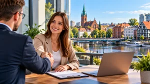 Kandydat rozmawia z rekruterką w biurze w Ełku podczas rozmowy kwalifikacyjnej o nowej pracy w regionie