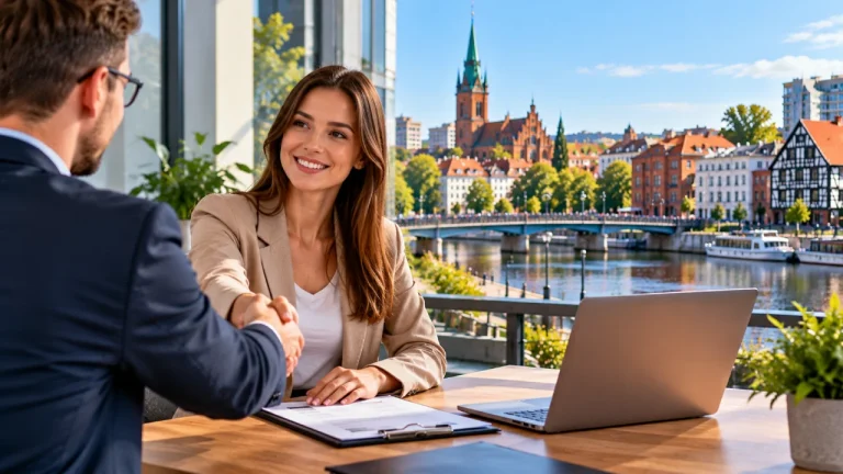 Kandydat rozmawia z rekruterką w biurze w Ełku podczas rozmowy kwalifikacyjnej o nowej pracy w regionie