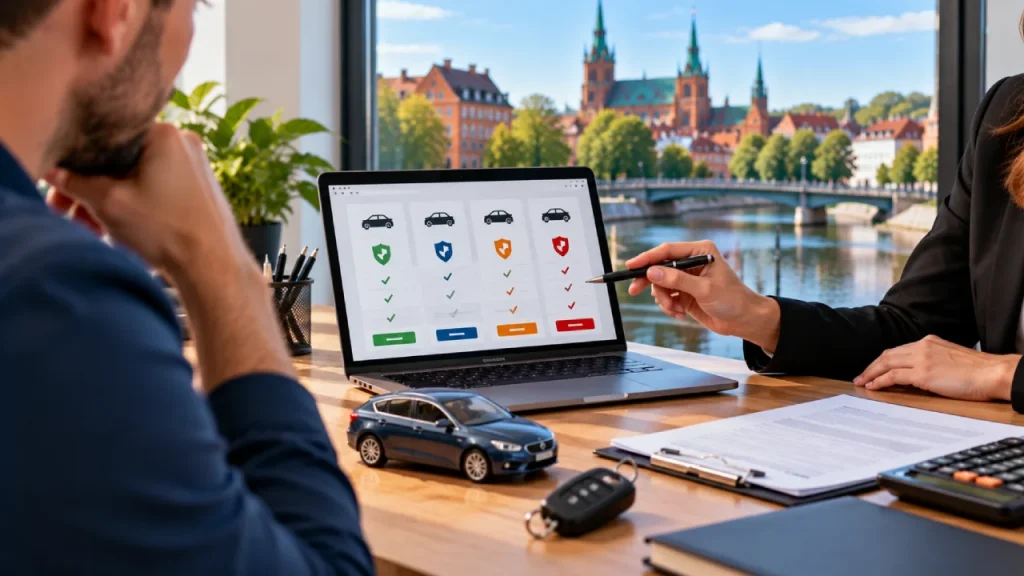 Kierowca z Ełku porównuje na laptopie oferty ubezpieczenia OC i AC samochodu, analizując ceny i zakres ochrony polis