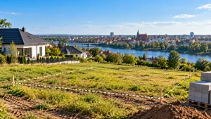 Działka budowlana pod Ełkiem wśród zieleni i domów jednorodzinnych, teren pod budowę domu z wyznaczonymi granicami
