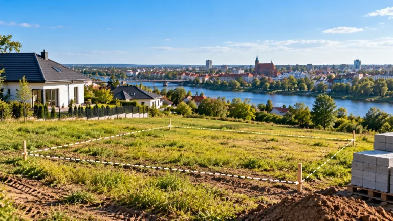 Działka budowlana pod Ełkiem wśród zieleni i domów jednorodzinnych, teren pod budowę domu z wyznaczonymi granicami