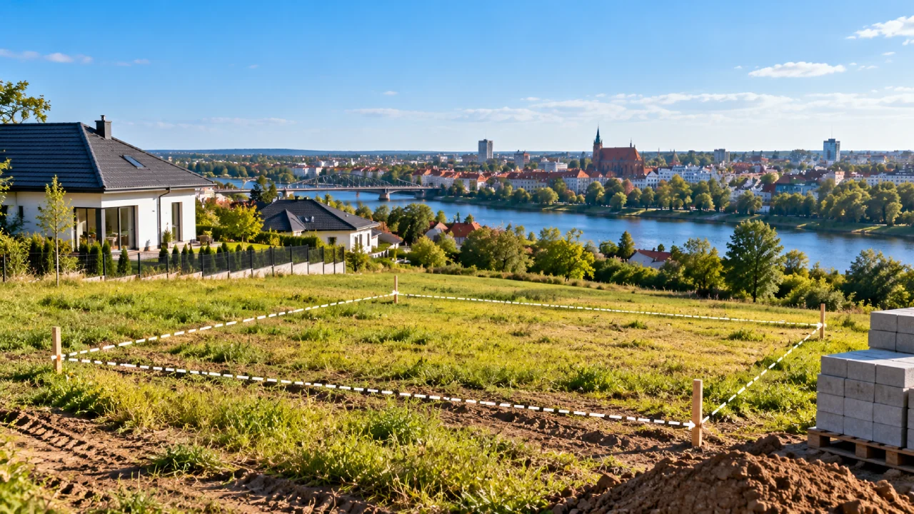 Działka budowlana pod Ełkiem wśród zieleni i domów jednorodzinnych, teren pod budowę domu z wyznaczonymi granicami