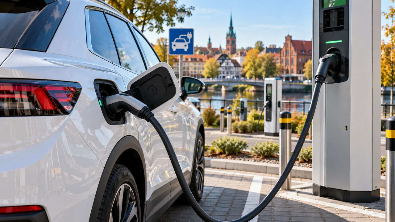 Samochód elektryczny podłączony do miejskiej stacji ładowania, podobnej do tych, z których korzystają kierowcy w Ełku